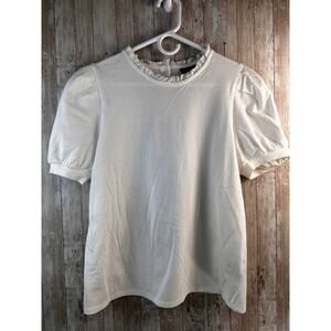 Who What Wear Blouse Womens M‎ White Ruffle Neck Short Puff Sleeve Cotton Knit